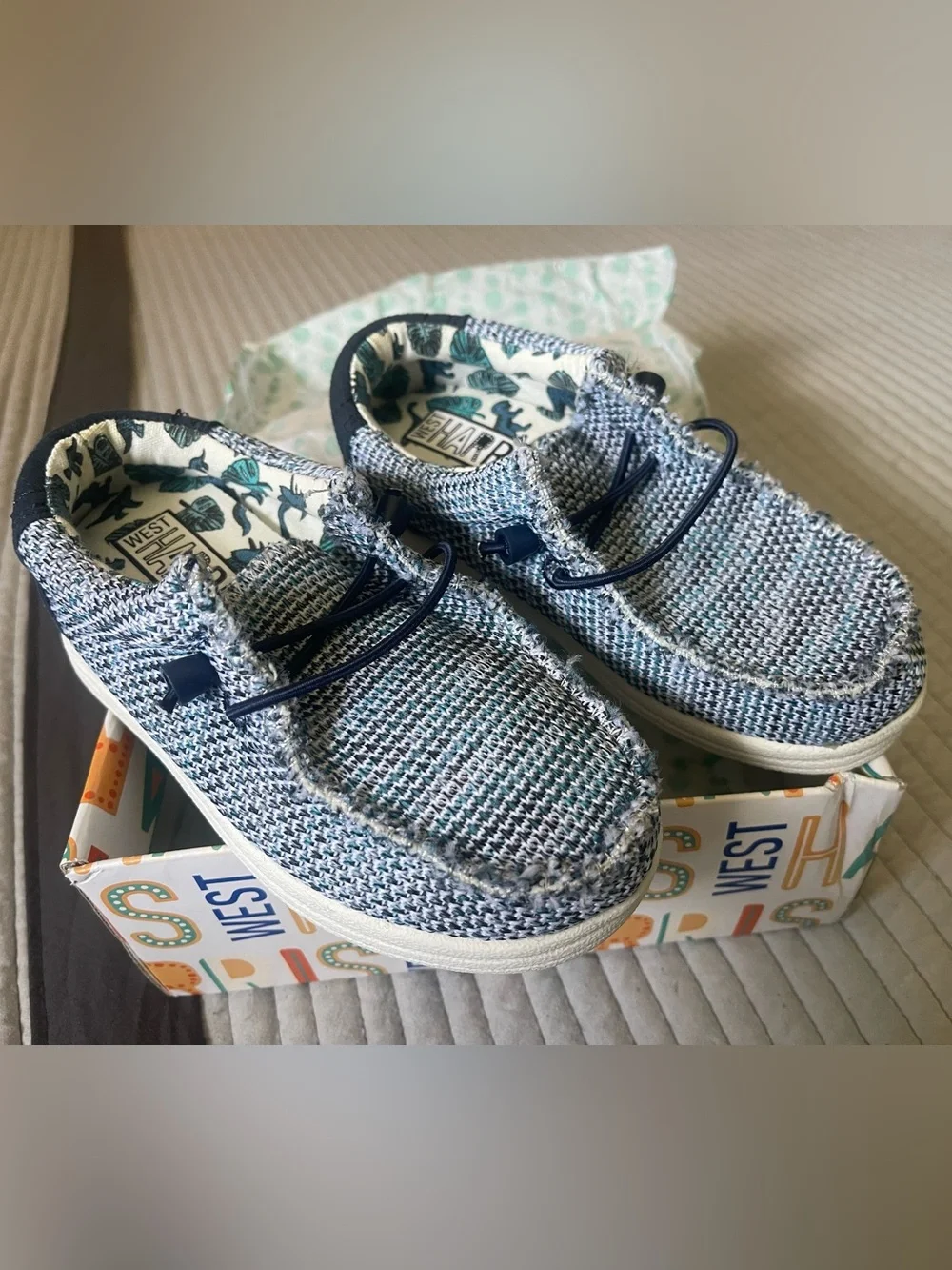 Kids Slip-On, West Harris “Lil Benny” Moccasin in Navy/White Knit, Dino Interior